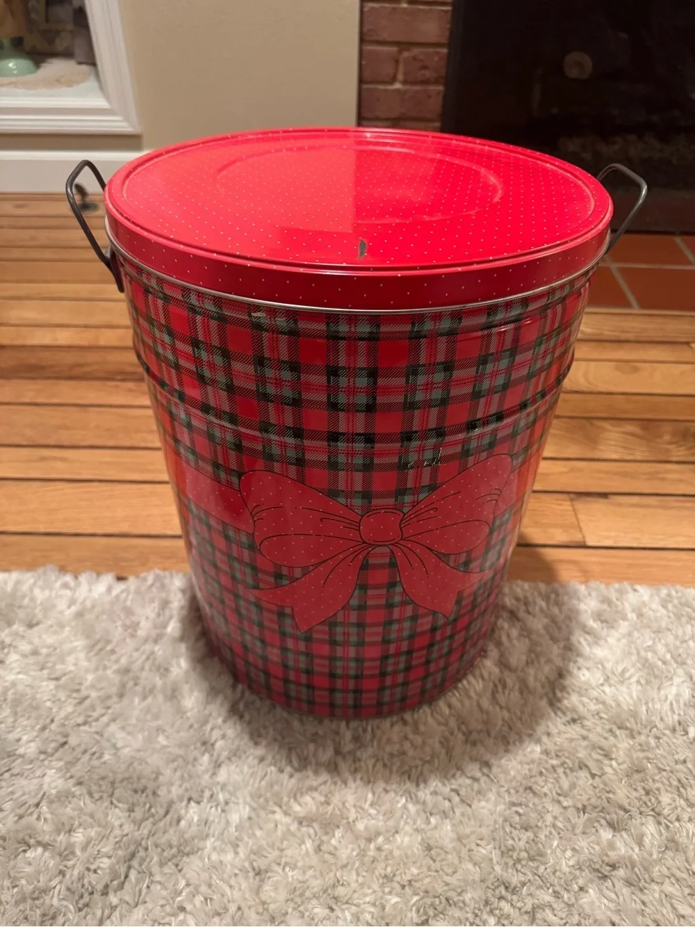 Red Plaid Decorative Storage Tin with Bow Accent